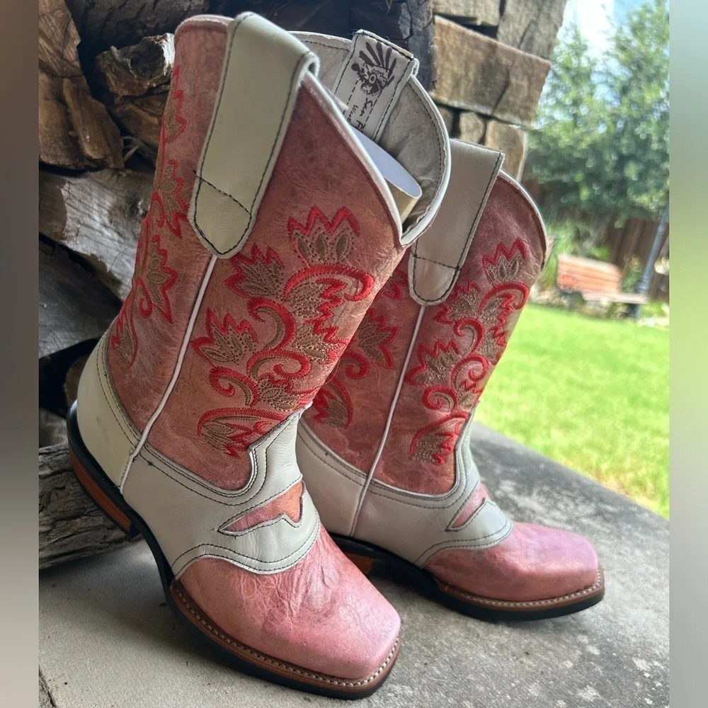 Stylish Pink &‎ White girls leather western Boots Sz-3 girls locBB